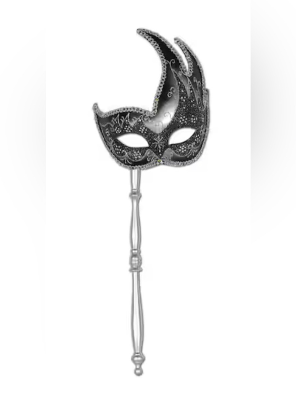 Black & Silver Venetian Glittered Mask with Stick